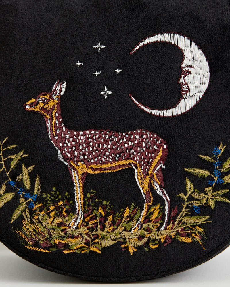 Deer & Moon Embroidered Saddle Bag Black Velvet by Fable England