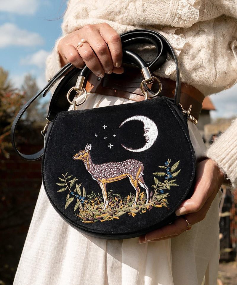 Deer & Moon Embroidered Saddle Bag Black Velvet by Fable England