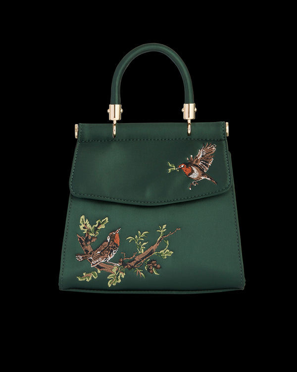Robin Love Embroidered Green Satin Tote