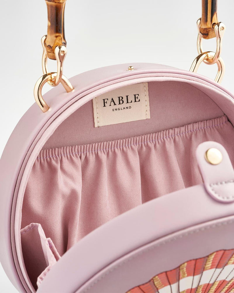 Embroidered Shell Lilac Bamboo Top Handle Bag by Fable England