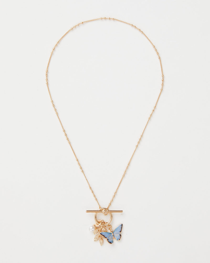 Enamel Blue Butterfly & Leaf Charm Necklace by Fable England