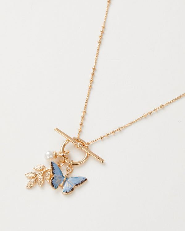 Enamel Blue Butterfly & Leaf Charm Necklace by Fable England