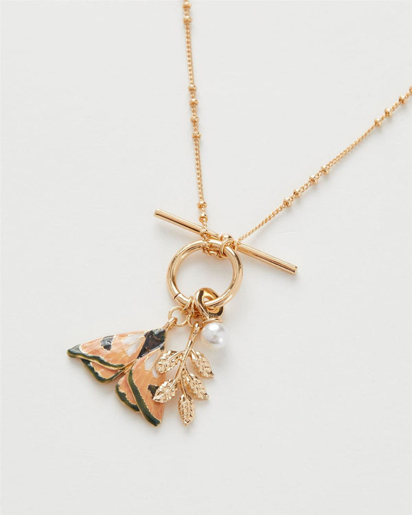 Enamel Moth & Leaf Charm Necklace by Fable England