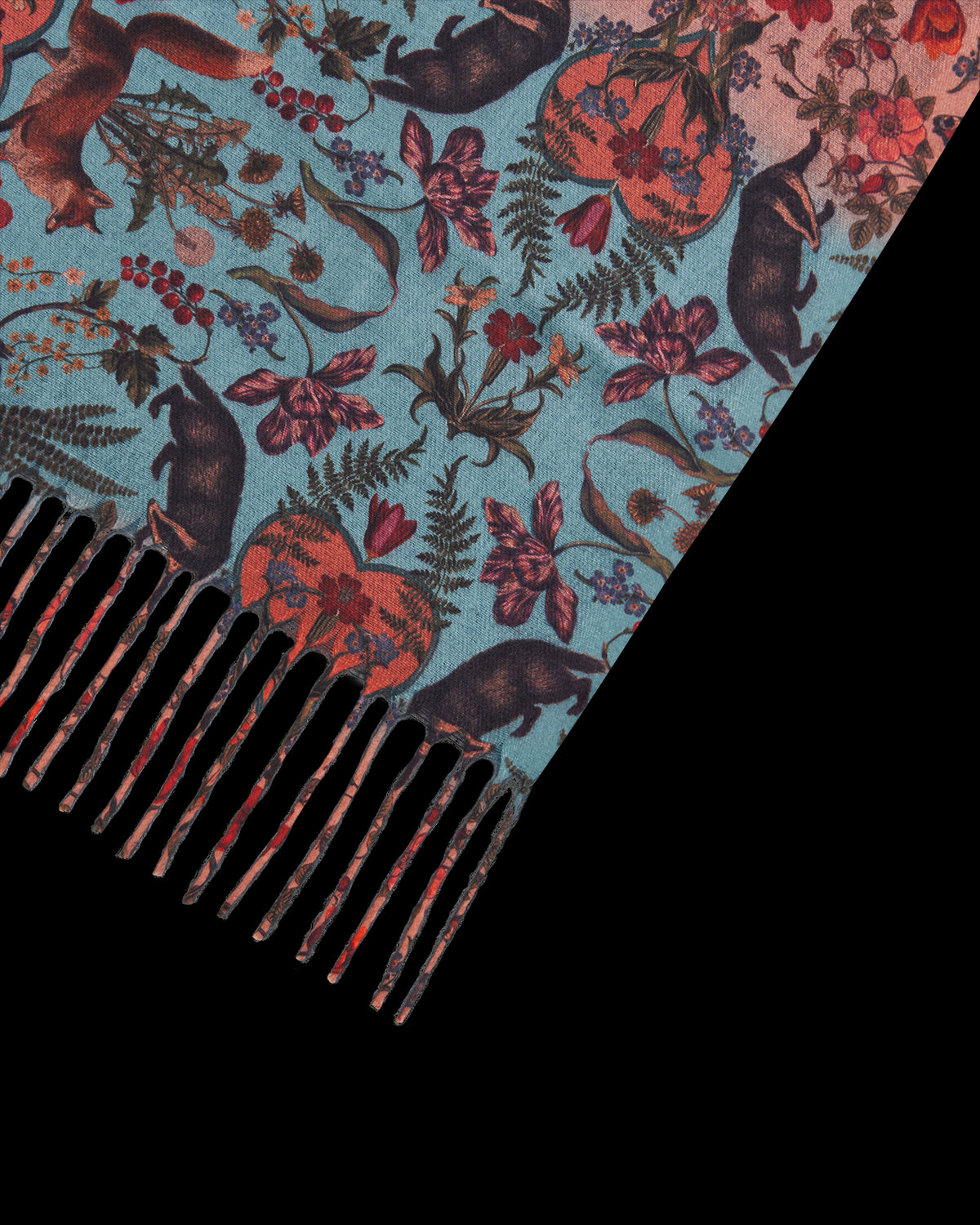 Folksy Fox Teal Scarf with Tassels