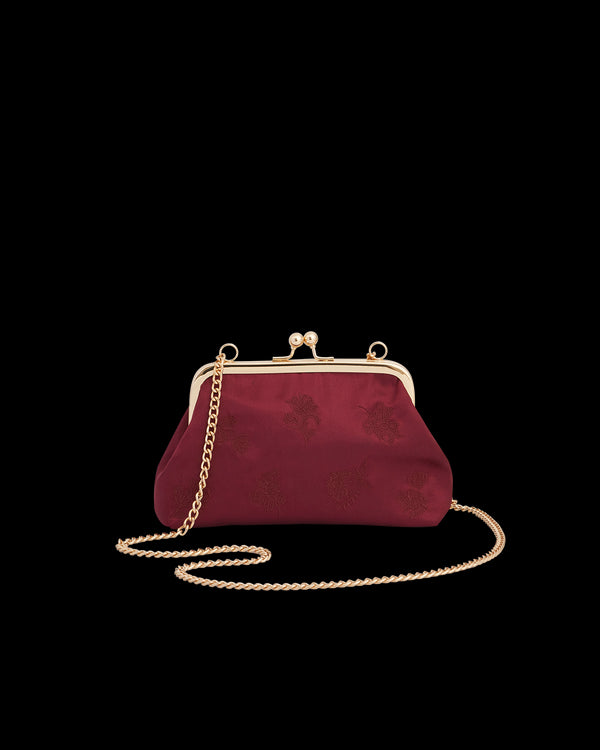 Victoriana Embroidered Burgundy Satin Clutch Bag