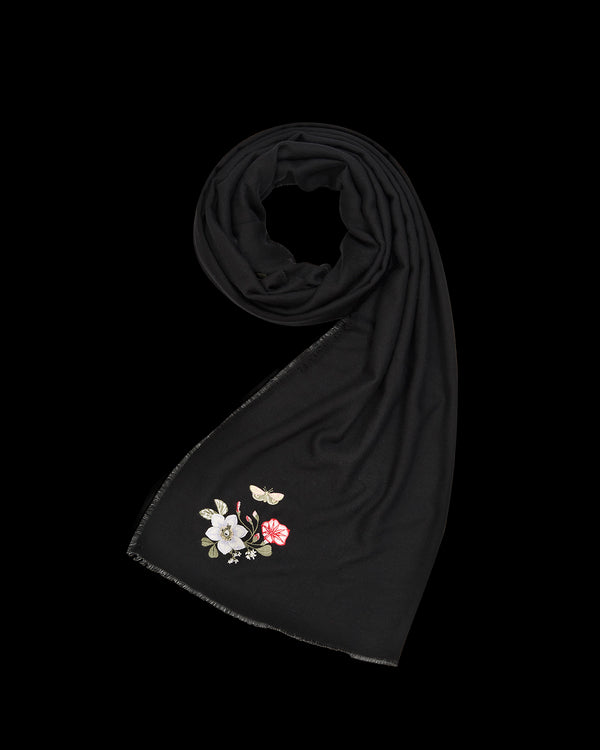 Floral Embroidered Black Pashmina Scarf