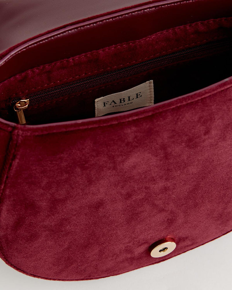 Fox & Mushroom Embroidered Saddle Bag - Redcurrant Velvet