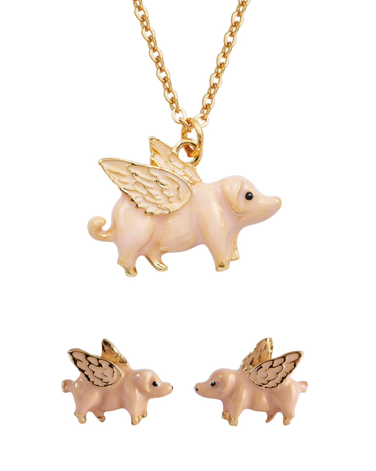 Necklace with pig pendant and matching earrings on a white background