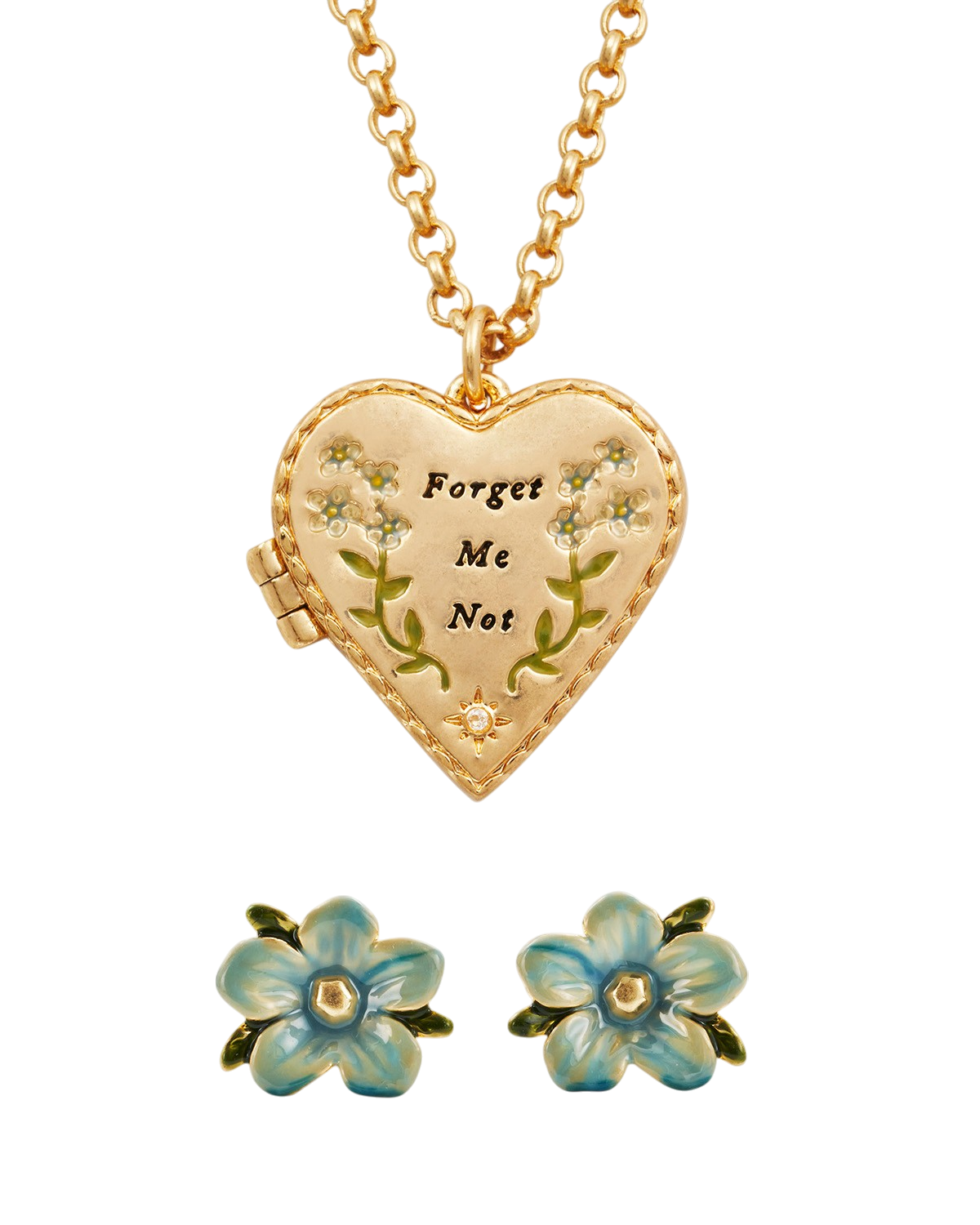 Heart-shaped locket with 'Forget Me Not' text and matching flower earrings on a white background