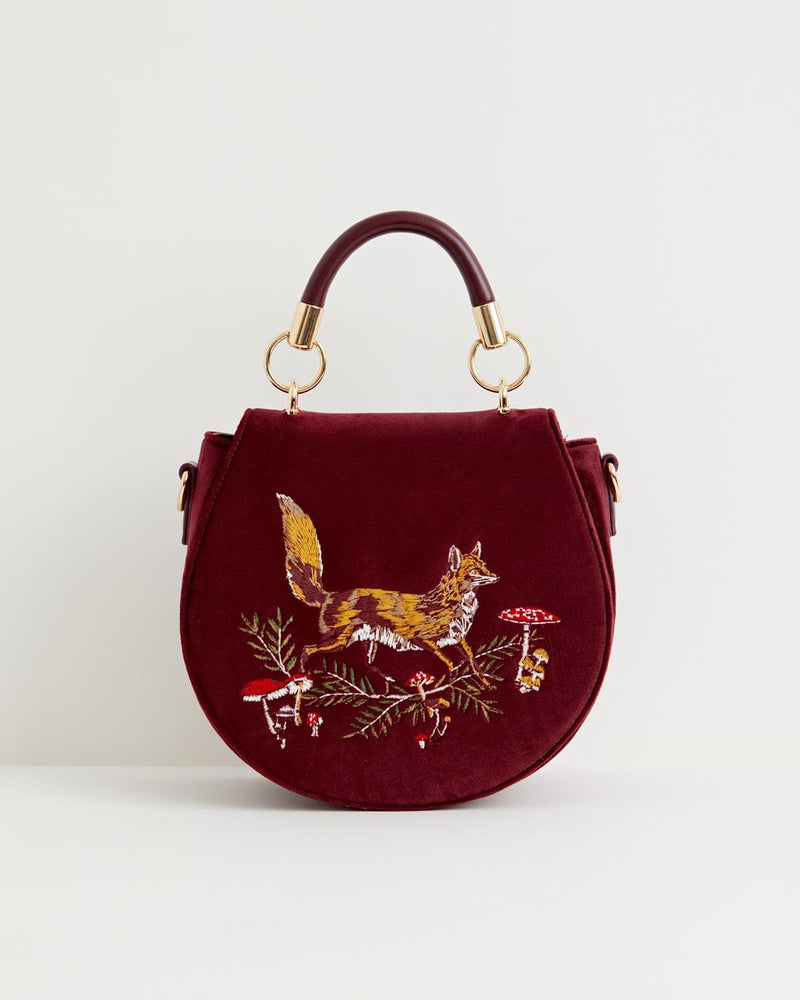 Fox & Mushroom Velvet Embroidered Saddle Bag - Redcurrant by Fable England