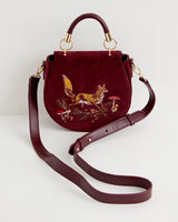 Fox & Mushroom Velvet Embroidered Saddle Bag - Redcurrant by Fable England