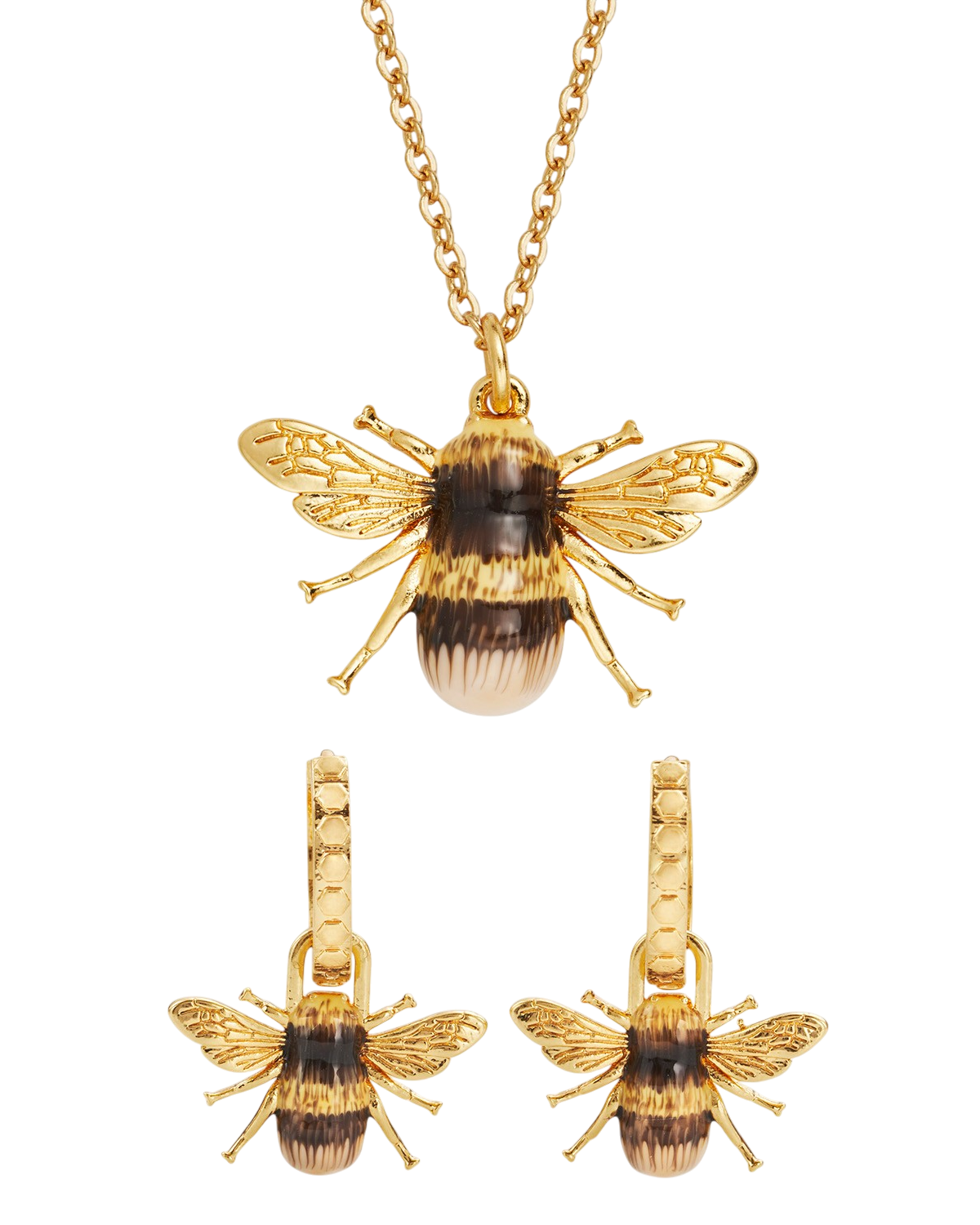 Gold bee-shaped necklace and earrings on a white background