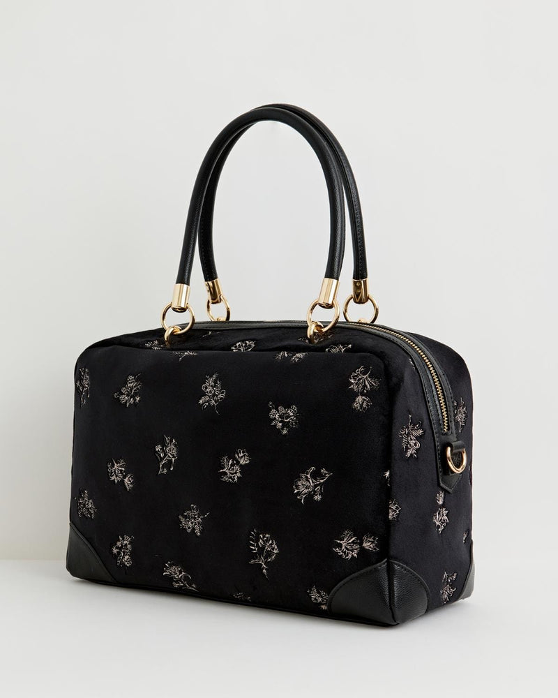 Hepsie Velvet Embroidered Bag - Black by Fable England