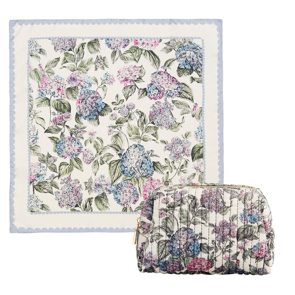 Hydrangea Small Quilted Makeup Bag & Hydrangeas Square Scarf Set