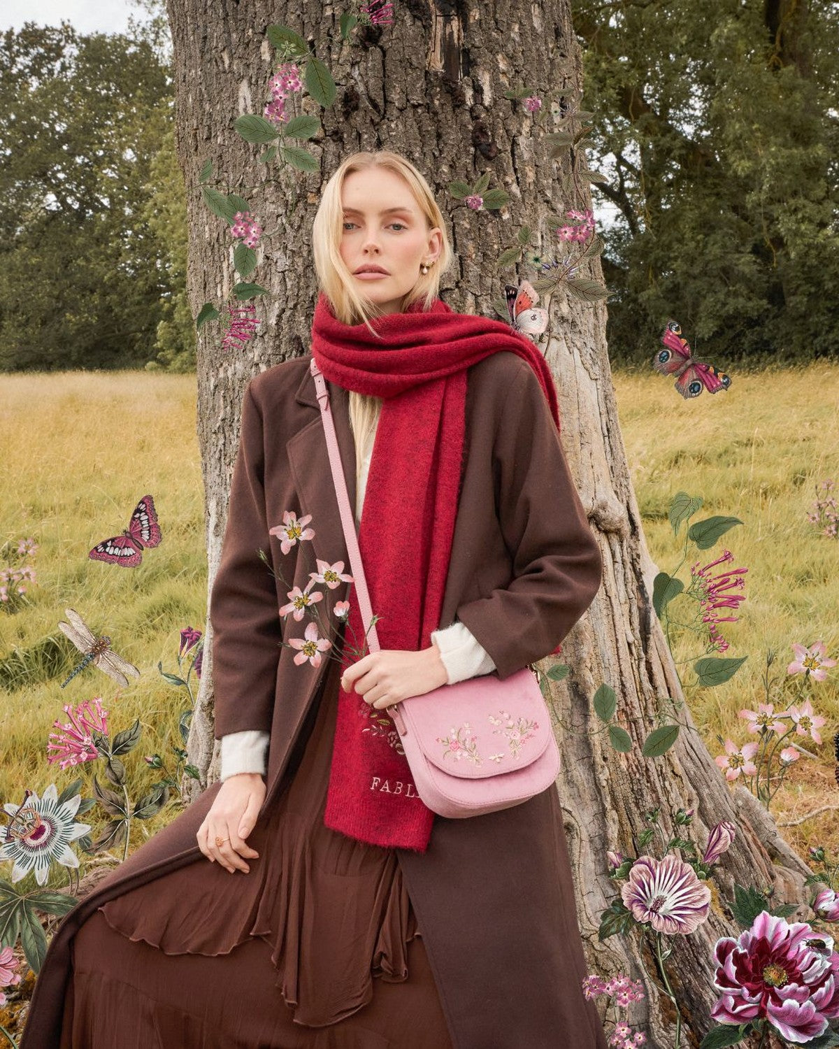 Beth Floral Posy Embroidered Saddle Bag in Rose Pink Velvet