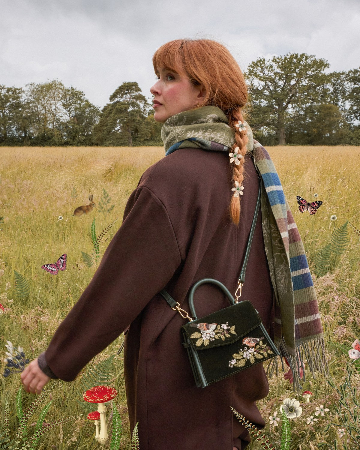 Eliza Wren Embroidered Top handle bag in Green Velvet