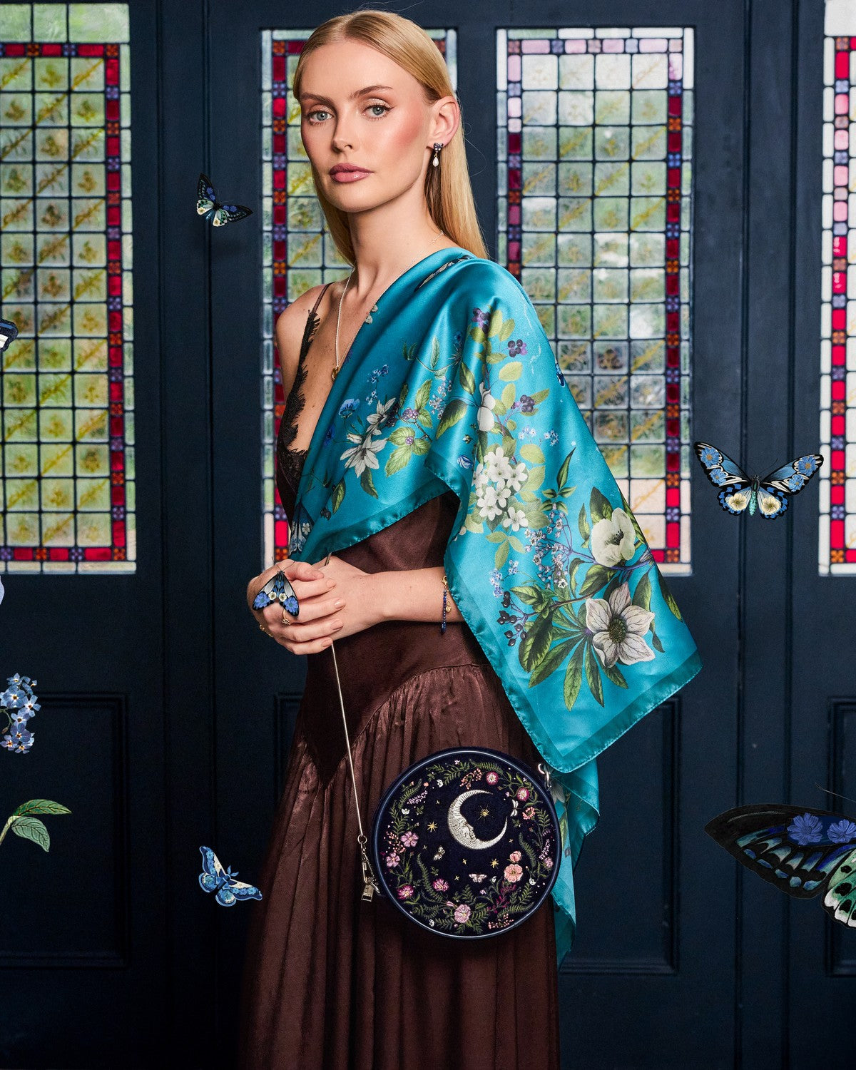 Midnight Garden Medium Square Scarf in Teal