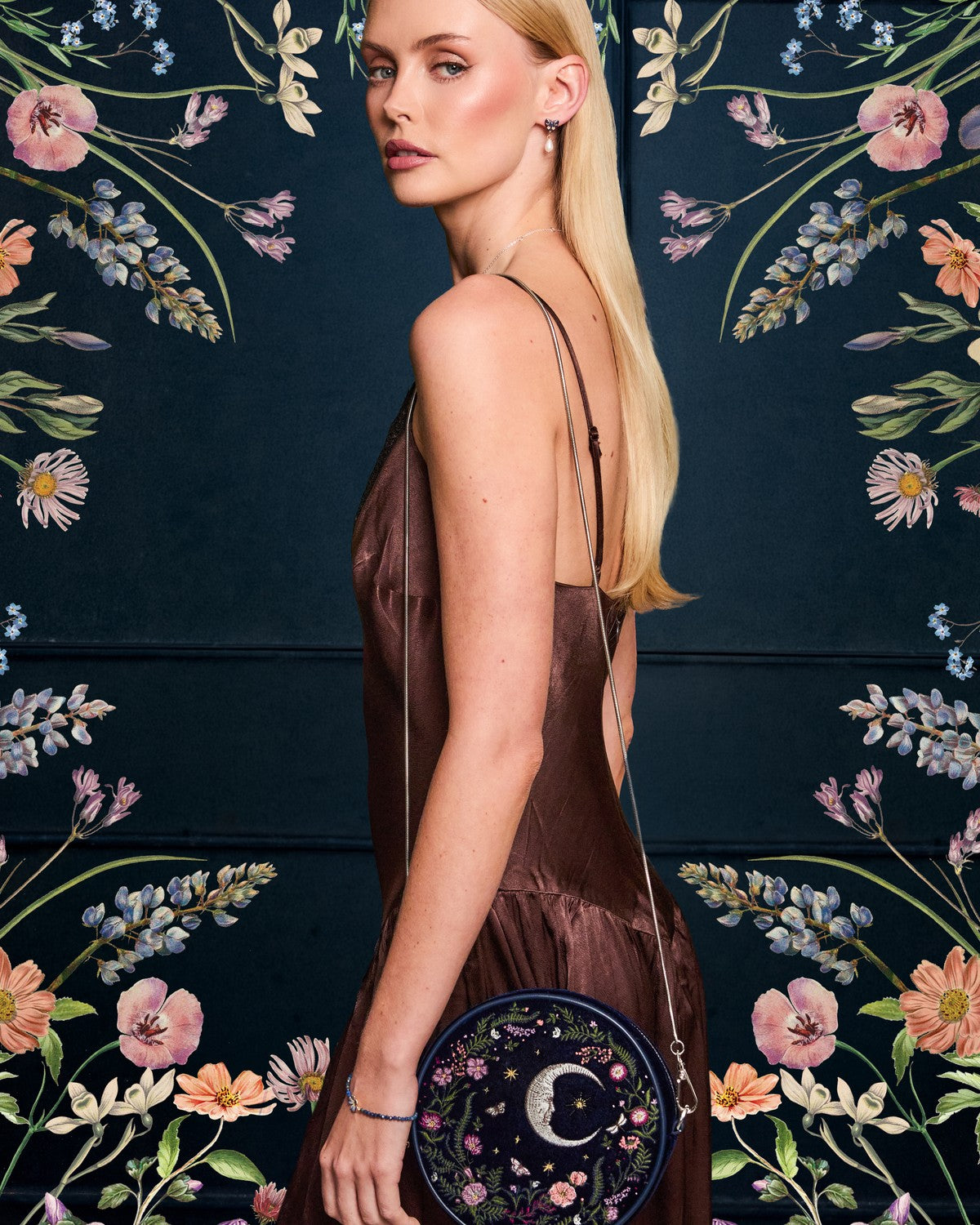 Chloe Midnight Garden Embroidered Circle Bag in Navy Velvet