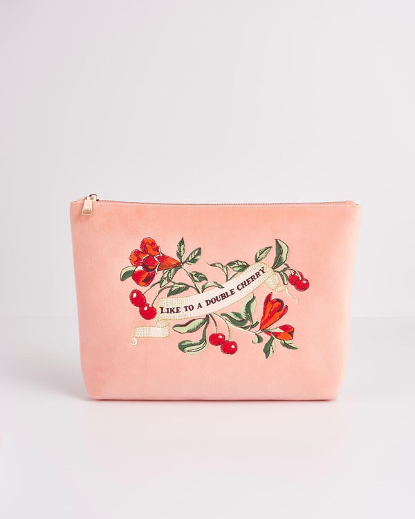 Midsummer Dream Cherry Embroidered Peach Velvet Pouch by Fable England