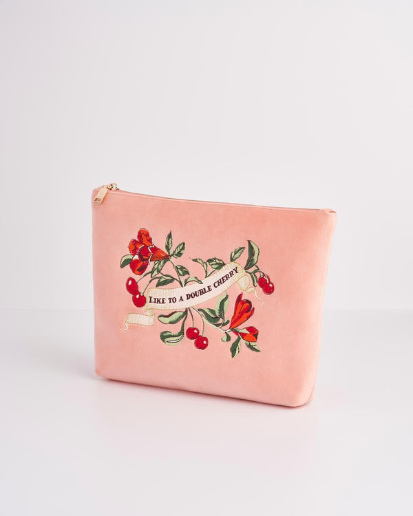 Midsummer Dream Cherry Embroidered Peach Velvet Pouch by Fable England
