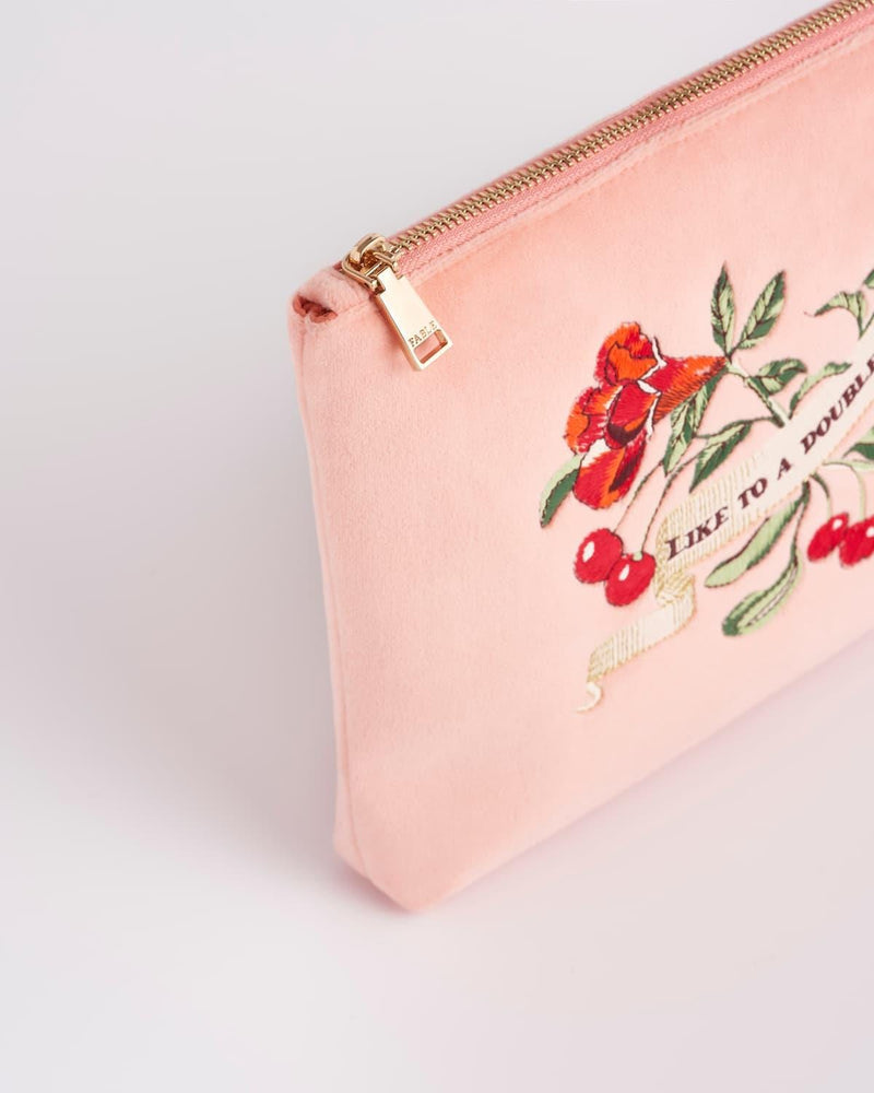 Midsummer Dream Cherry Embroidered Peach Velvet Pouch by Fable England