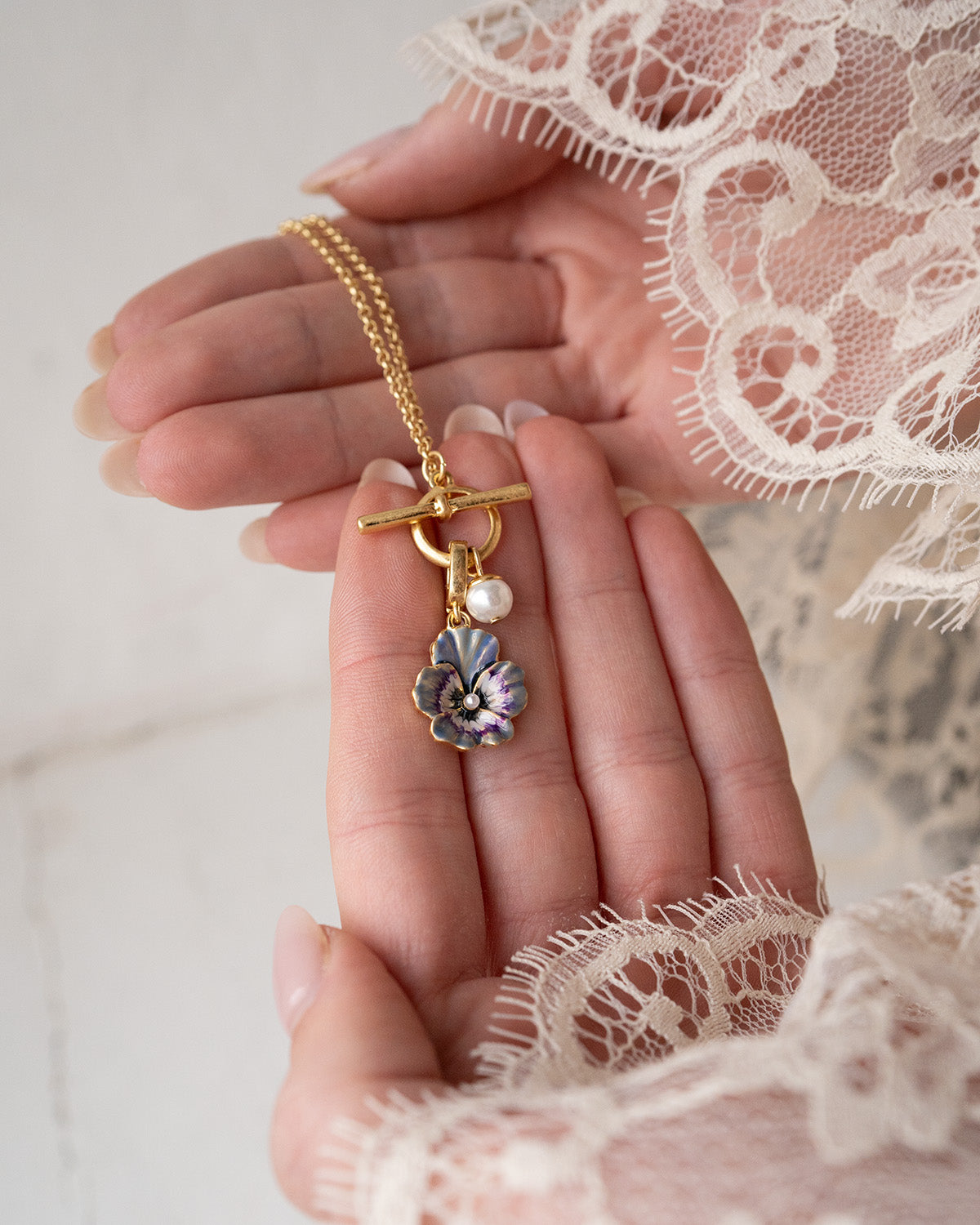 Gold Pansy & Pearl Toggle Necklace