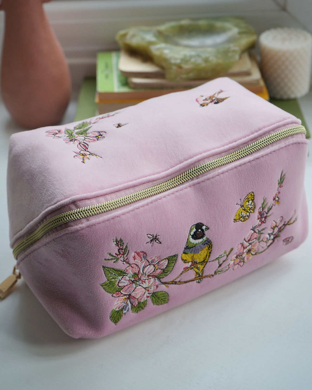 Pink Love Velvet Embroidered Cosmetic Pouch