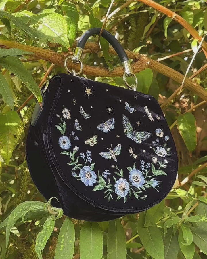 Charlotte Butterfly Embroidered Saddle Bag in Navy Velvet