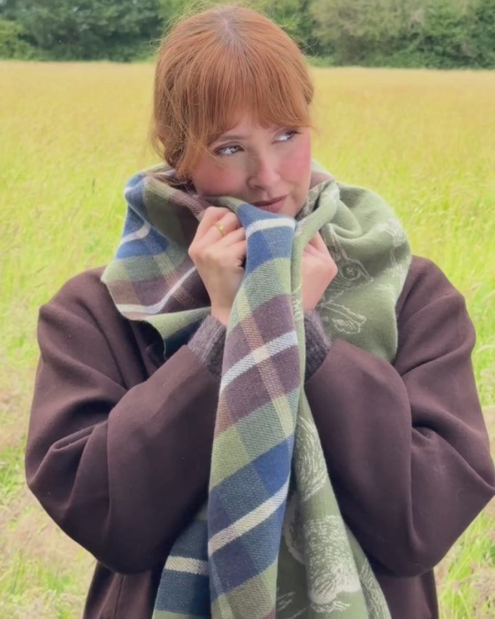 Woodland Scene Check Jacquard Long Scarf in Khaki