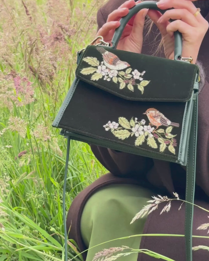 Eliza Wren Embroidered Top handle bag in Green Velvet