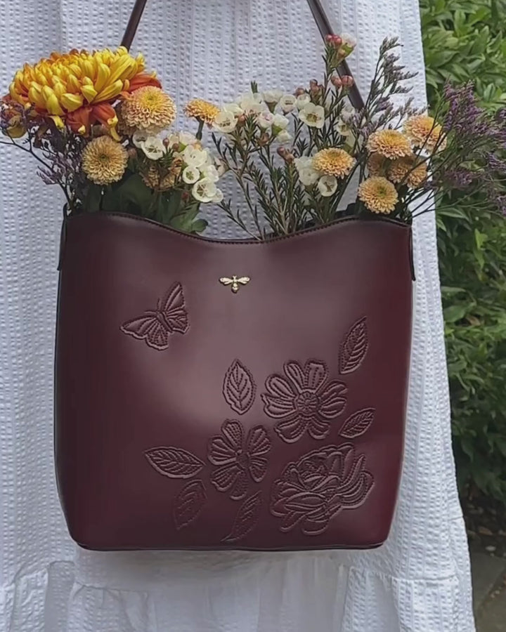 Floral and Butterfly Applique Bucket Bag in Burgundy