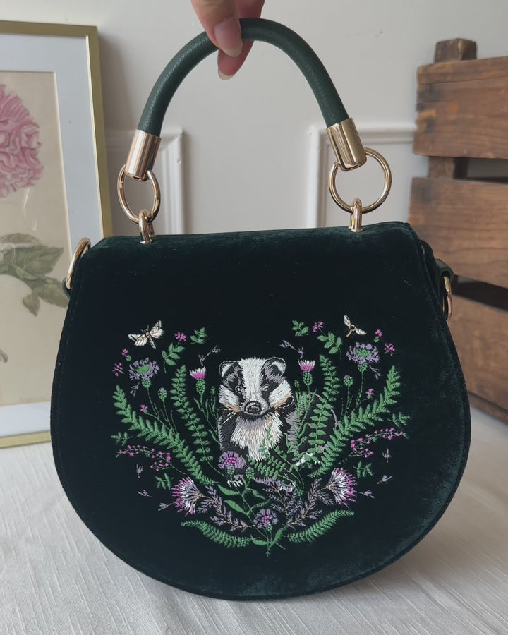 Green Badger Embroidered Top Handle Saddle Bag