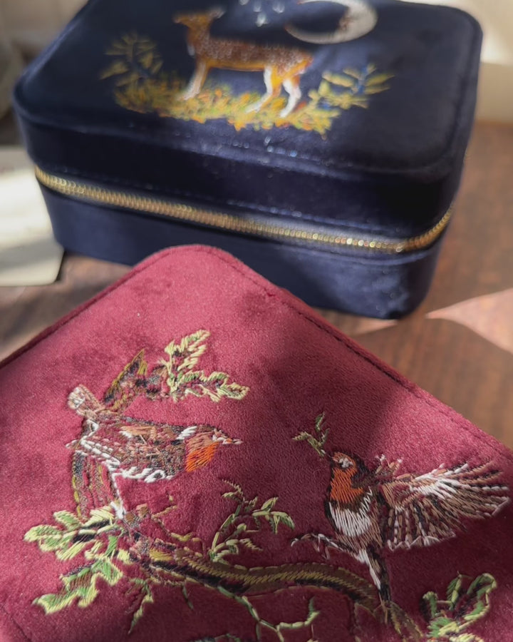 Deer & Moon Embroidered Large Jewellery Box Blueberry Velvet by Fable England