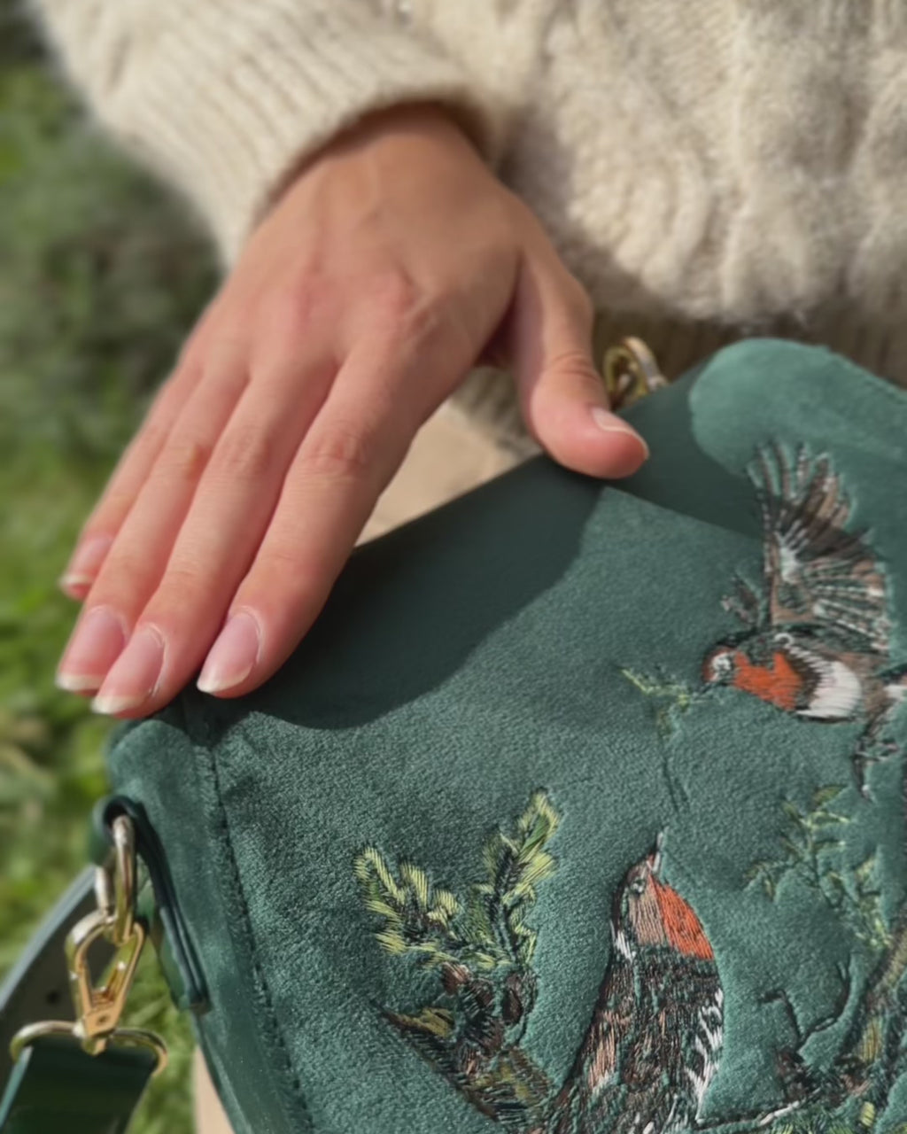 Fox & Mushroom Embroidered Saddle Bag - Redcurrant Velvet by Fable England
