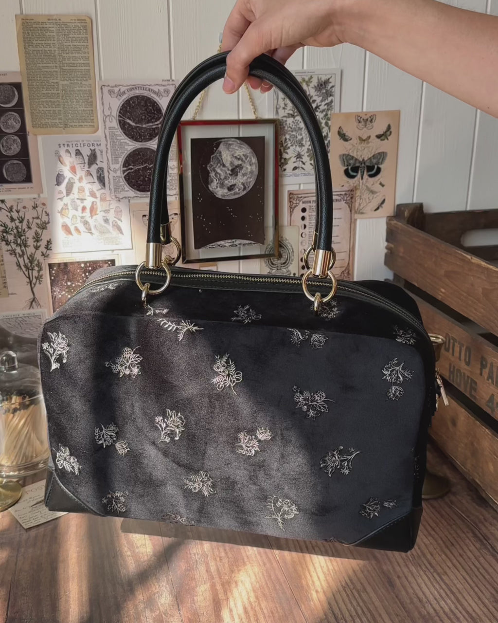 Hepsie Velvet Embroidered Bag - Black by Fable England