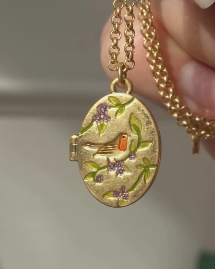 Gold Robin & Blackberry Locket Necklace