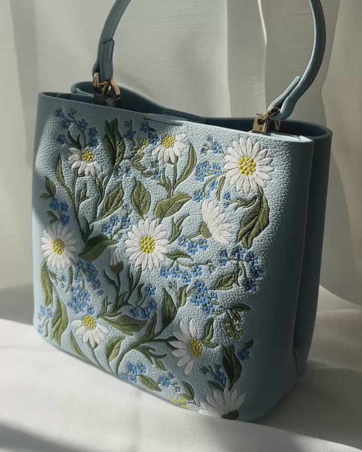 Emma Forget Me Not  Blue Embroidered Bucket Bag