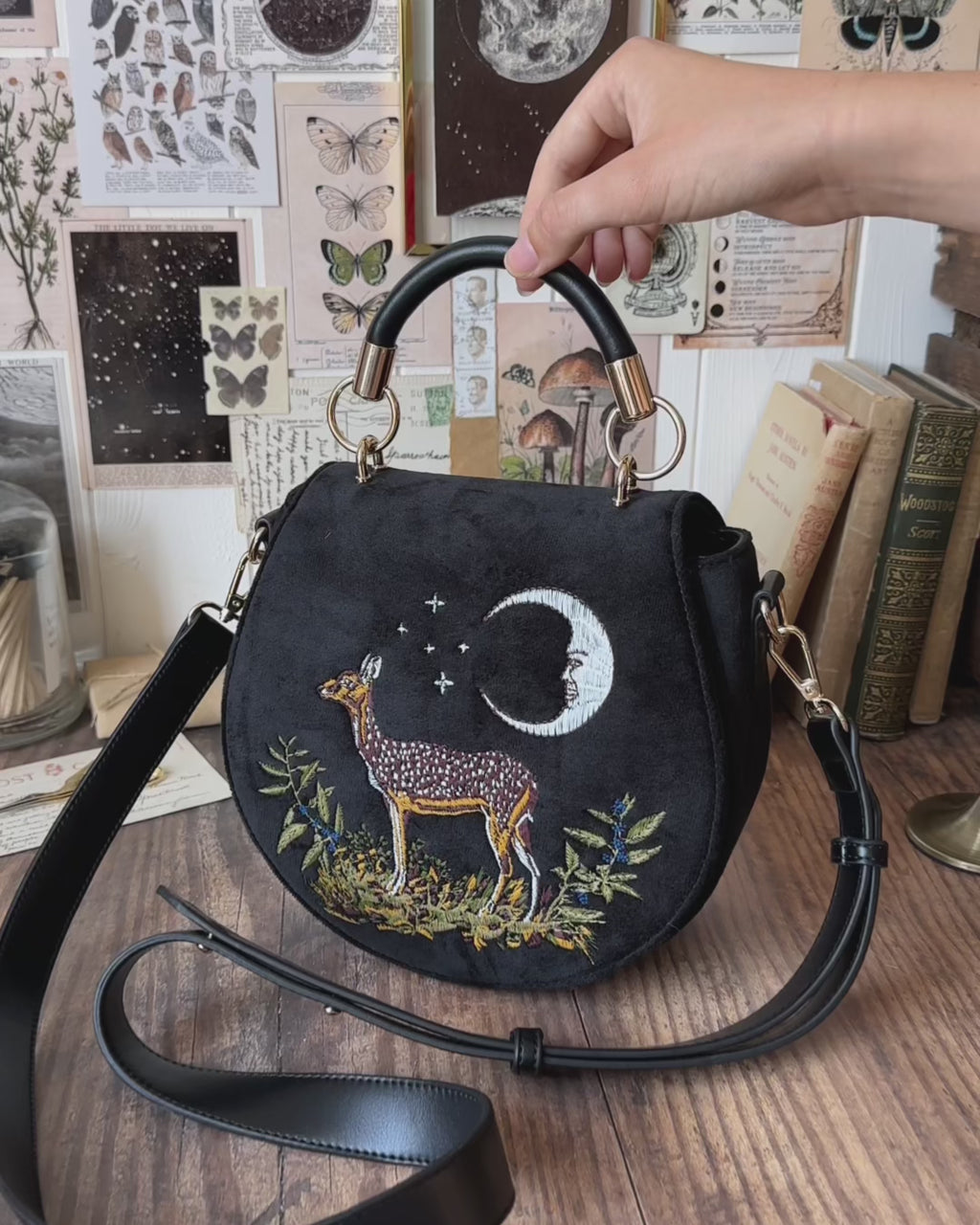 Deer & Moon Embroidered Saddle Bag Black Velvet by Fable England