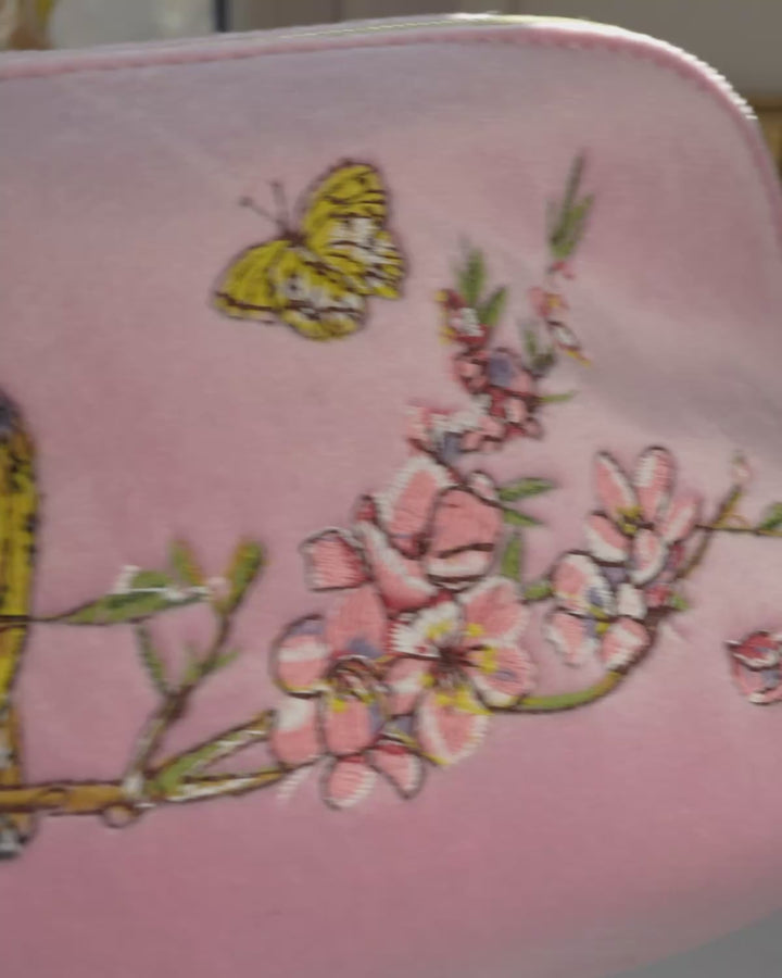 Pink Love Velvet Embroidered Cosmetic Pouch