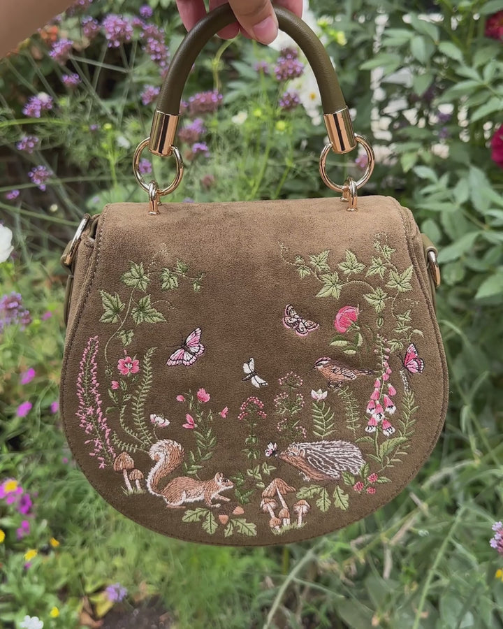 Charlotte Meadow Scene Embroidered Faux Suede Saddle Bag in Khaki