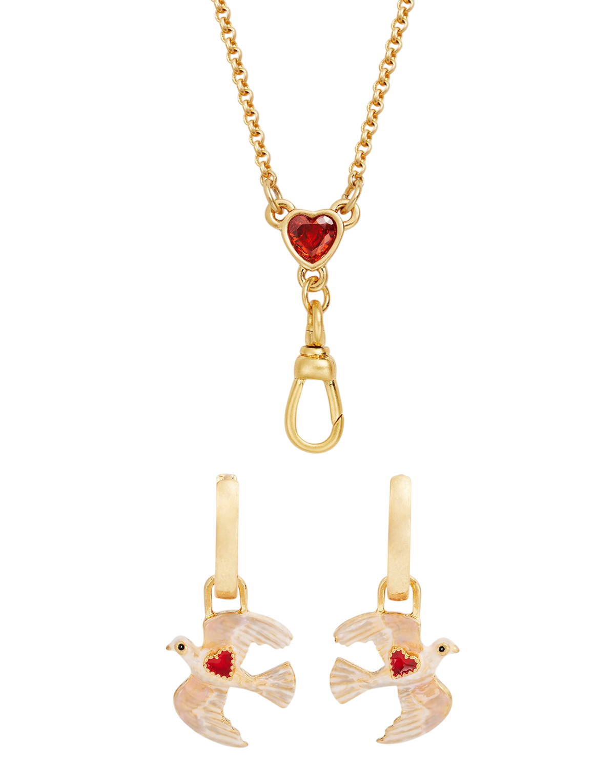 Gold necklace with heart pendant and dove-shaped earrings on a white background