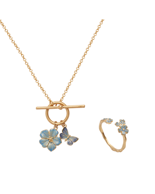 Forget-Me-Not Ring & Butterfly & Flower Necklace Set