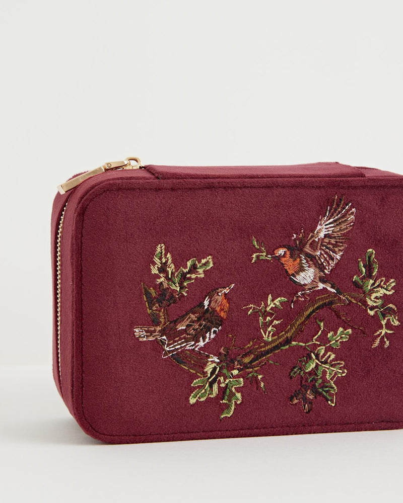 Robin Love Embroidered Large Jewellery Box Redcurrant Velvet by Fable England
