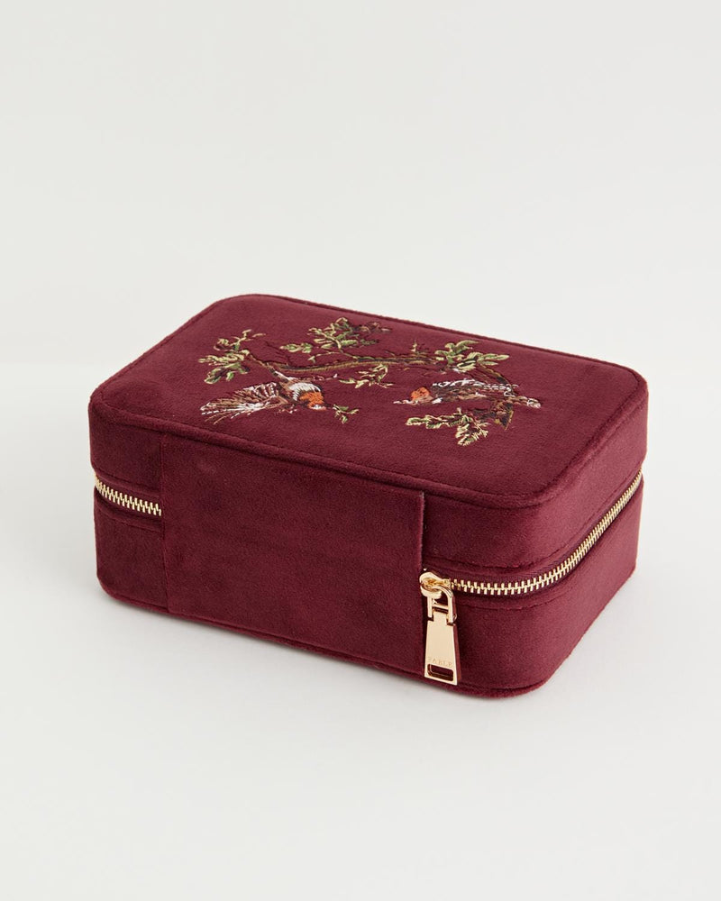 Robin Love Embroidered Large Jewellery Box Redcurrant Velvet by Fable England