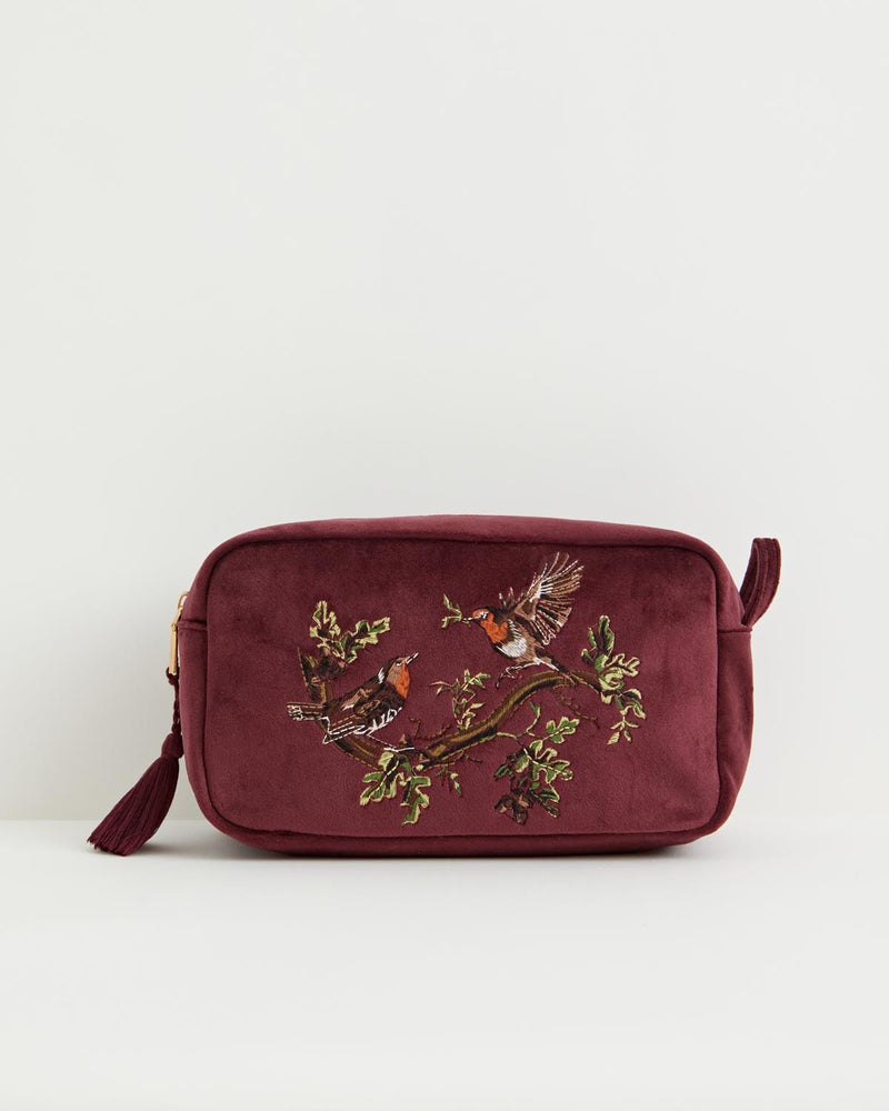 Robin Love Embroidered Pouch Redcurrant Velvet by Fable England