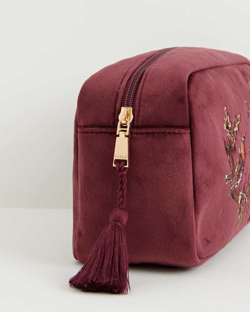 Robin Love Embroidered Pouch Redcurrant Velvet by Fable England