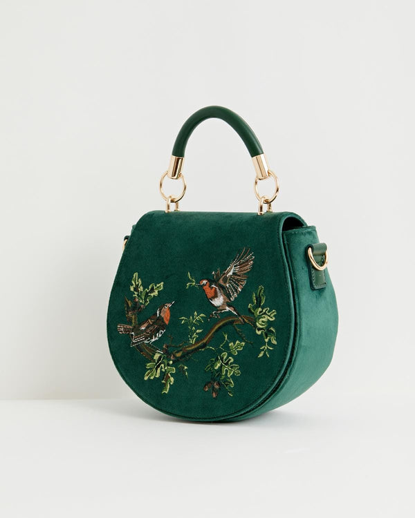 Robin Love Velvet Embroidered Saddle Bag - Fern Green by Fable England