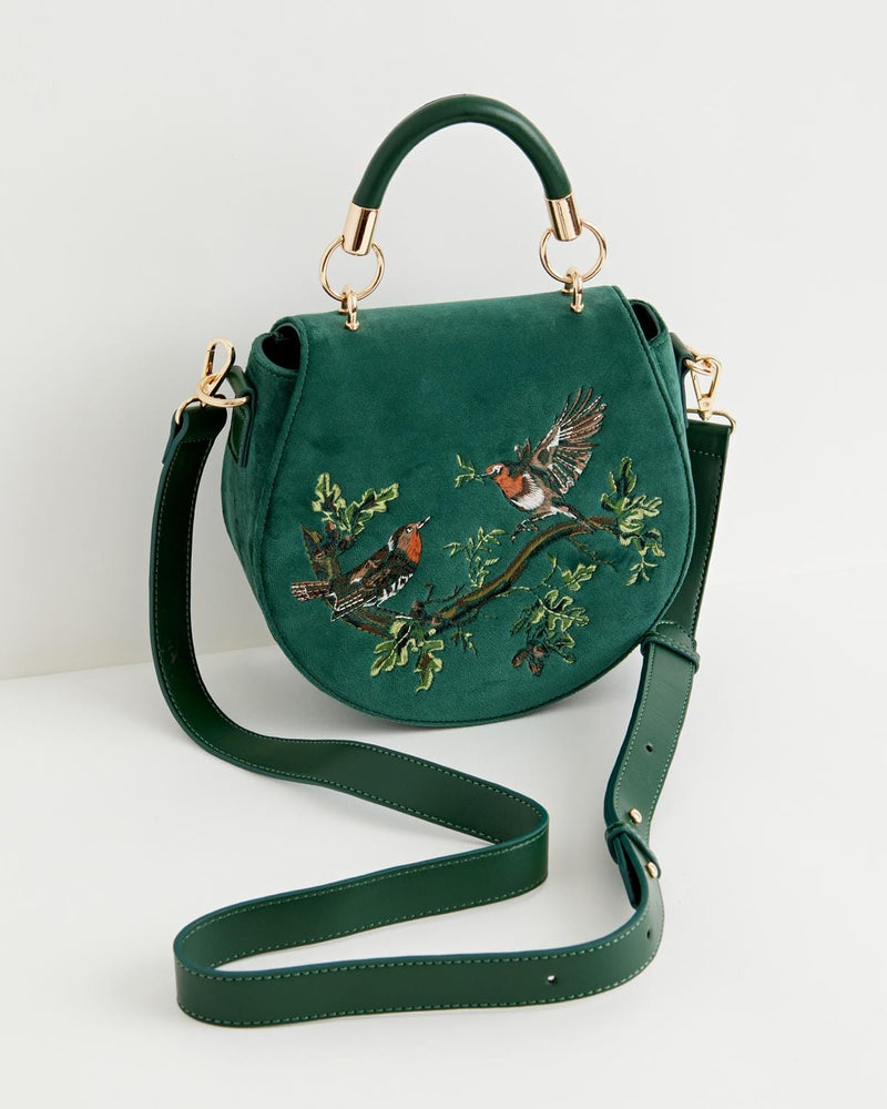 Robin Love Velvet Embroidered Saddle Bag - Fern Green by Fable England