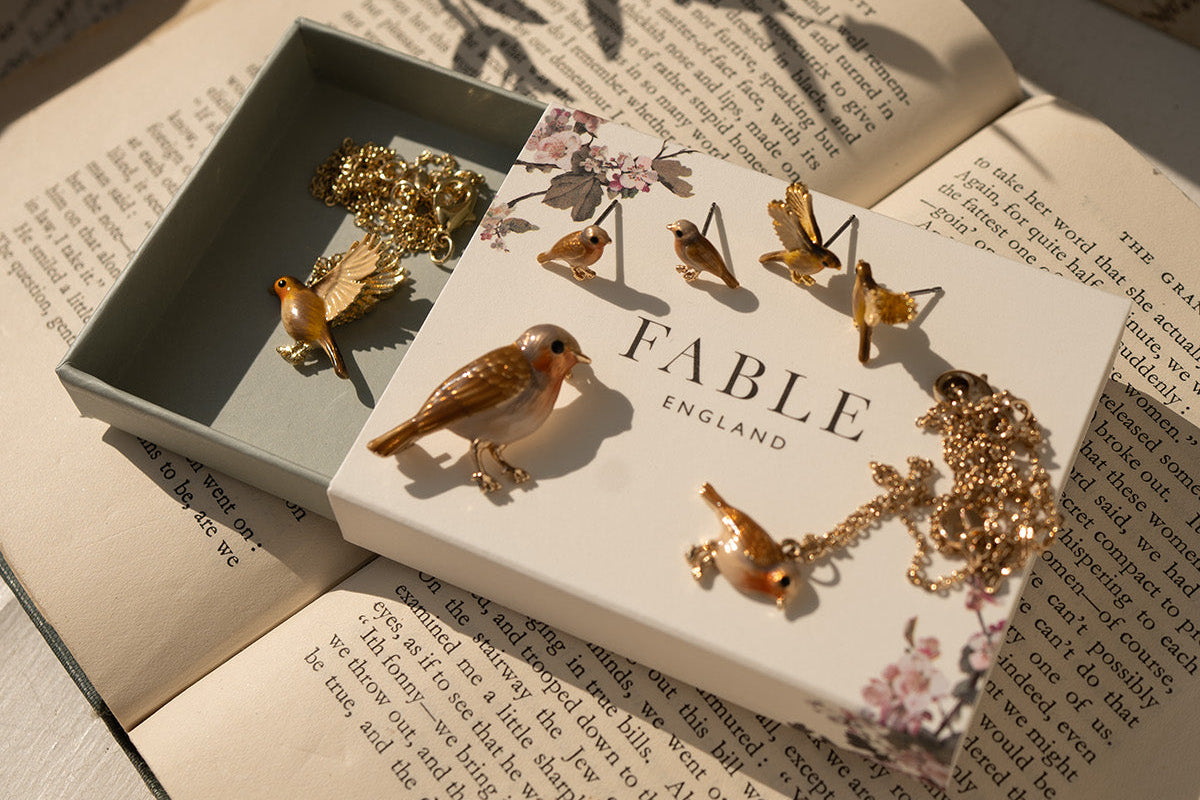 Robin Jewelry set on a 'Fable England' box with books underneath