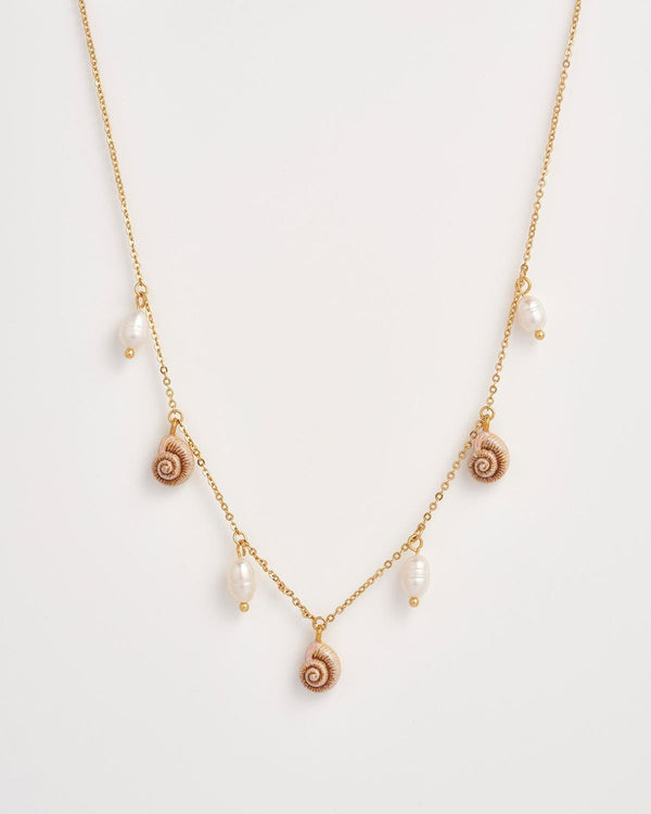 Sea Snail Charm & Pearl Worn Gold Necklace by Fable England
